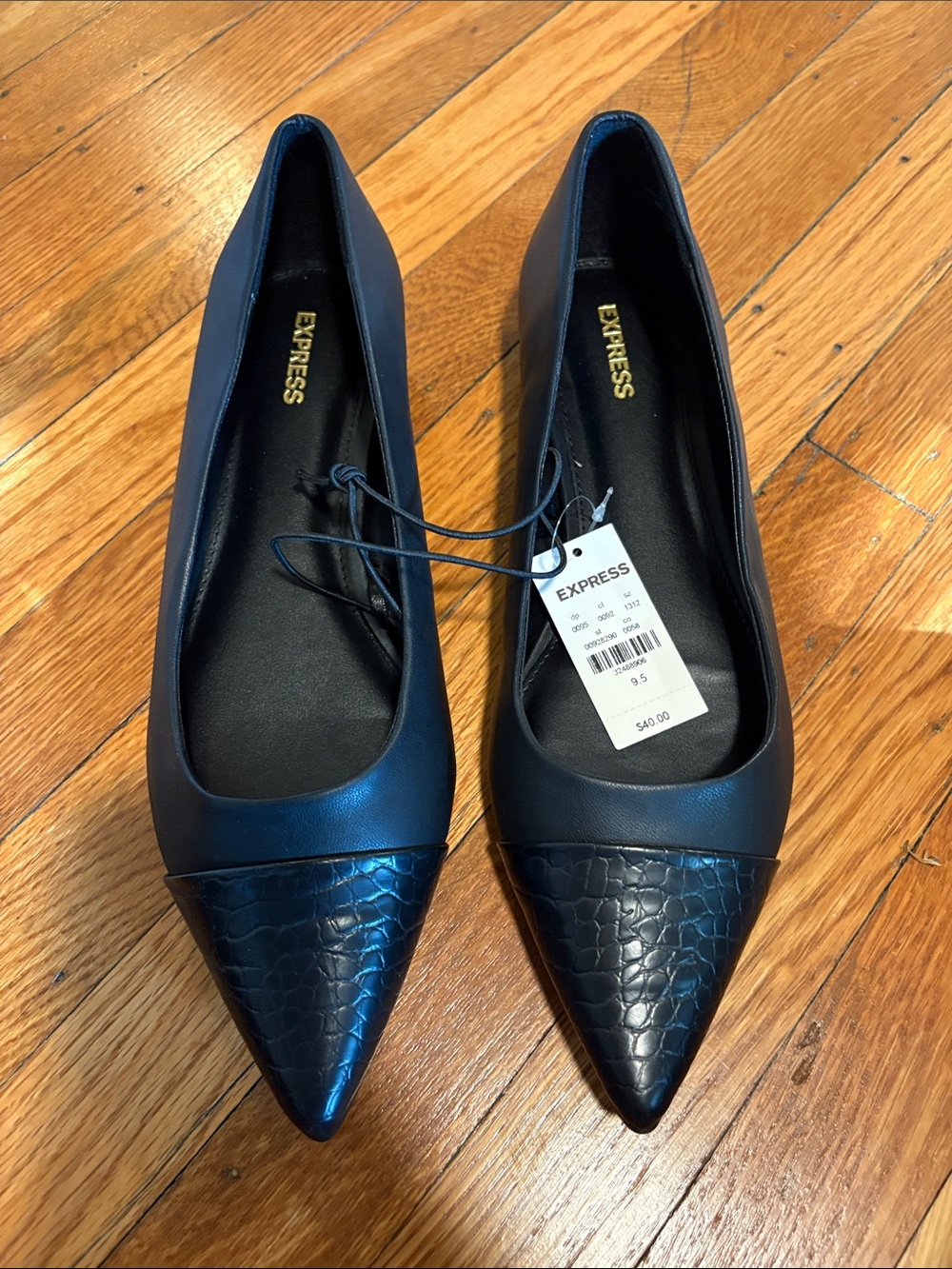 Express Black Pointed Toe Flats with Croc-Texture Cap